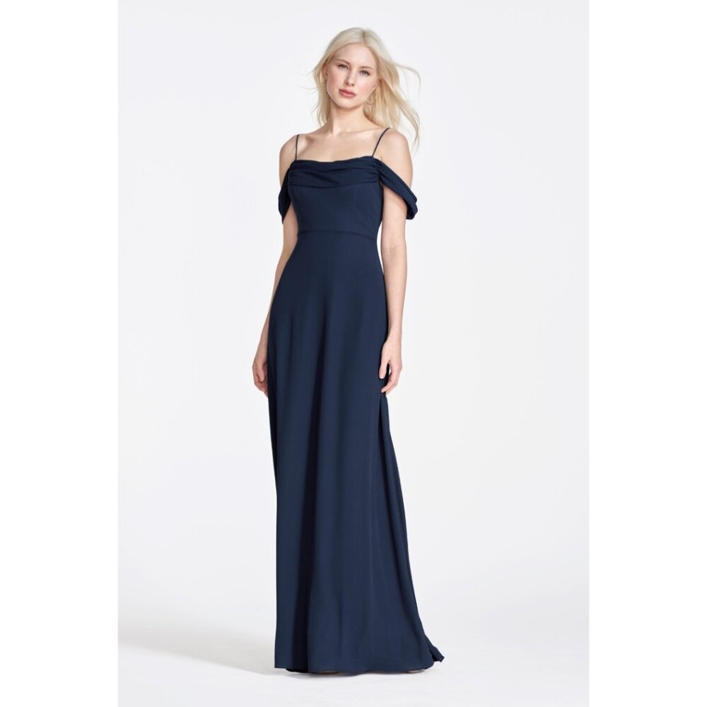 WTOO Jackie Long Navy Chiffon Dress with Draped Sleeves & Tie Back. Size 14